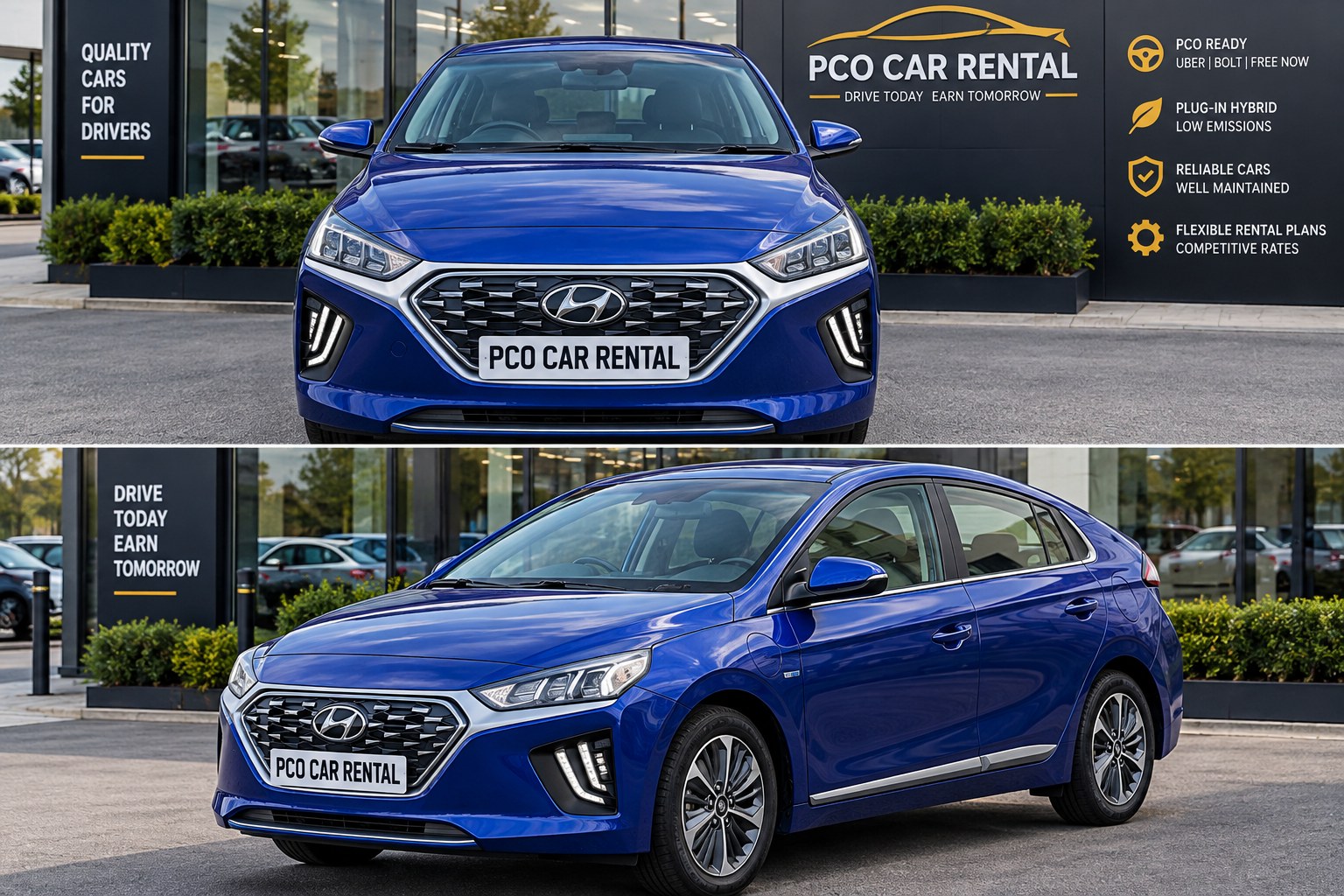Blue Hyundai Ioniq, front and side views