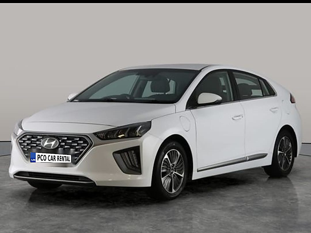 White Hyundai Ioniq plug-in hybrid, front three-quarter view