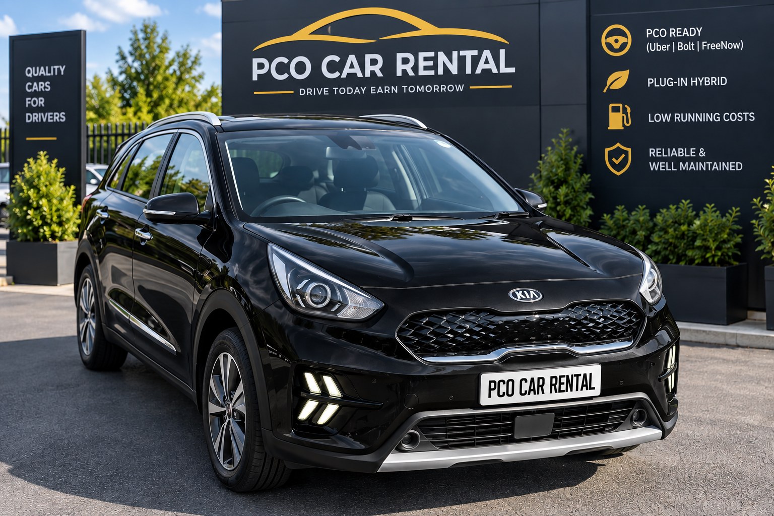 Black Kia Niro plug-in hybrid outside PCO Car Rental