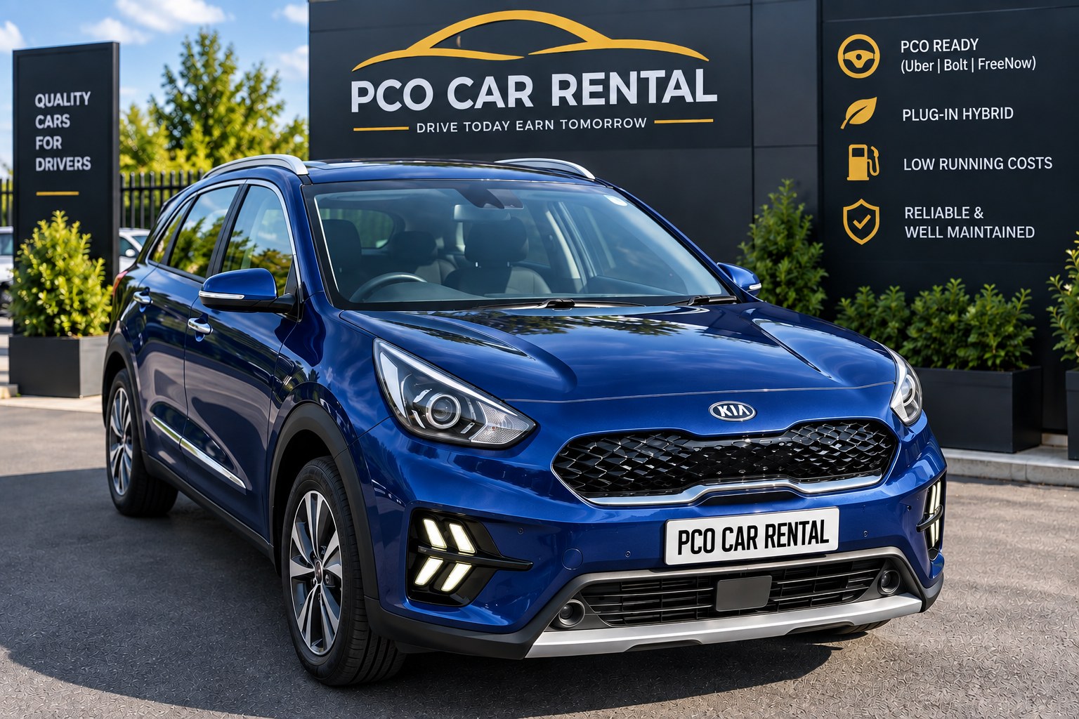 Blue Kia Niro plug-in hybrid outside PCO Car Rental