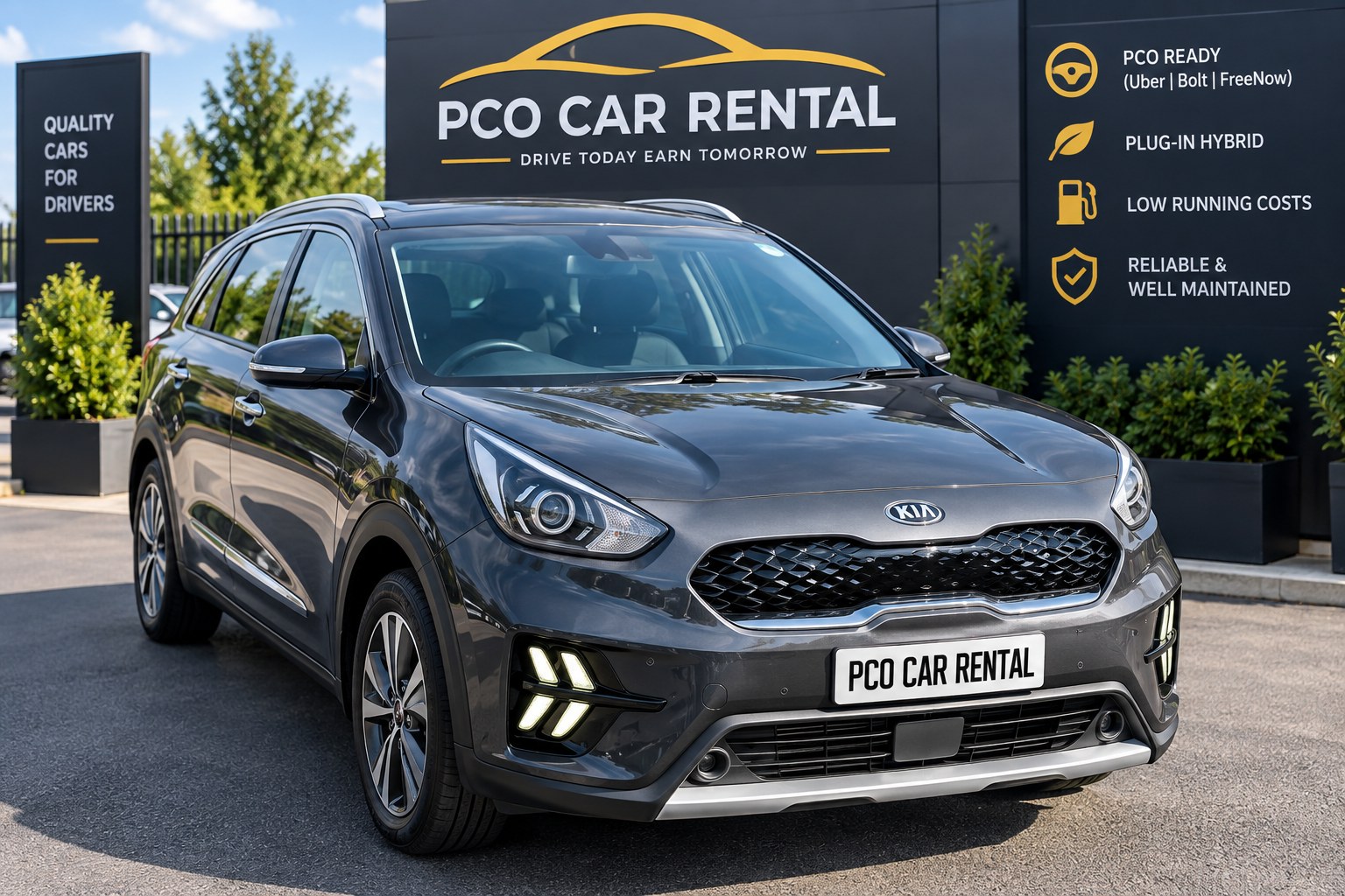 Grey Kia Niro plug-in hybrid outside PCO Car Rental
